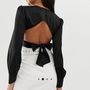 4th + Reckless plunge satin top with back tie in black